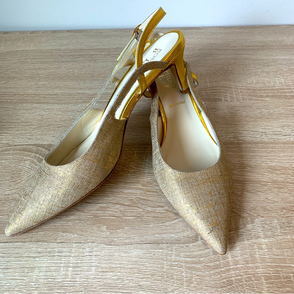 Vintage Pointed Toe Slingback Pump Gold Heels Special Occasion Something Bleu - Picture 2 of 15
